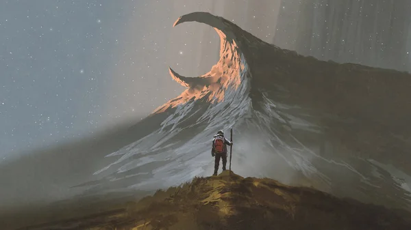 男人站在山上看着陌生的山 数码艺术风格 插图绘画 — 图库照片