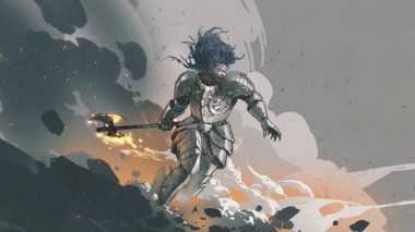 Demir zırhlı şövalye savaş alanında sihirli baltasını sallıyor.