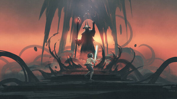 child with a glowing sword against a wizard, digital art style, illustration painting