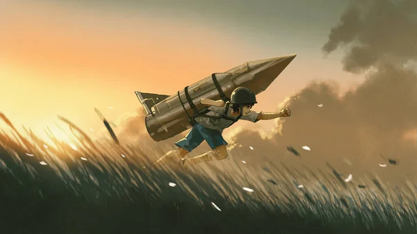 背中に大きなロケットを付けた少年が日没時に提出されたデジタルアートスタイルイラスト絵画 — ストック写真