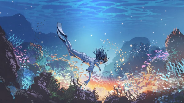 海の下で神秘的な光を見るために水中で潜水する女性デジタルアートスタイルイラスト絵画 — ストック写真