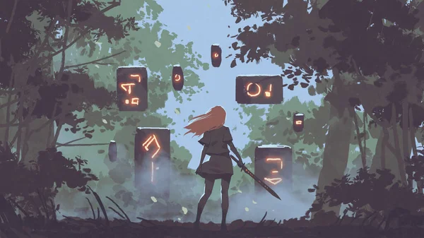 女人拿着剑看着森林里神秘的浮石 数码艺术风格 — 图库照片