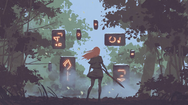 woman with her sword looking at the mysterious floating stones in the forest, digital art style, illustration painting