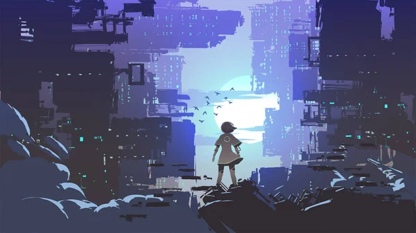 Νεαρή Κοπέλα Στέκεται Και Κοιτάζοντας Την Πόλη Cyberpunk Διανυσματική Απεικόνιση — Διανυσματικό Αρχείο