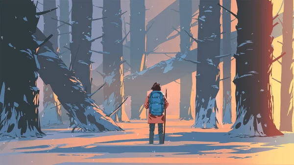 Чоловік Подорожує Сніжному Лісі Векторні Ілюстрації — стоковий вектор