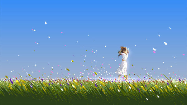 Beautiful Woman Standing Flower Field Summer Day Vector Illustration — Stock Vector