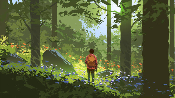 Young man adventures in the deep forest, vector illustration — Stock Illustration Young Man Adventures Deep Forest Vector Illustration — Stock Vector