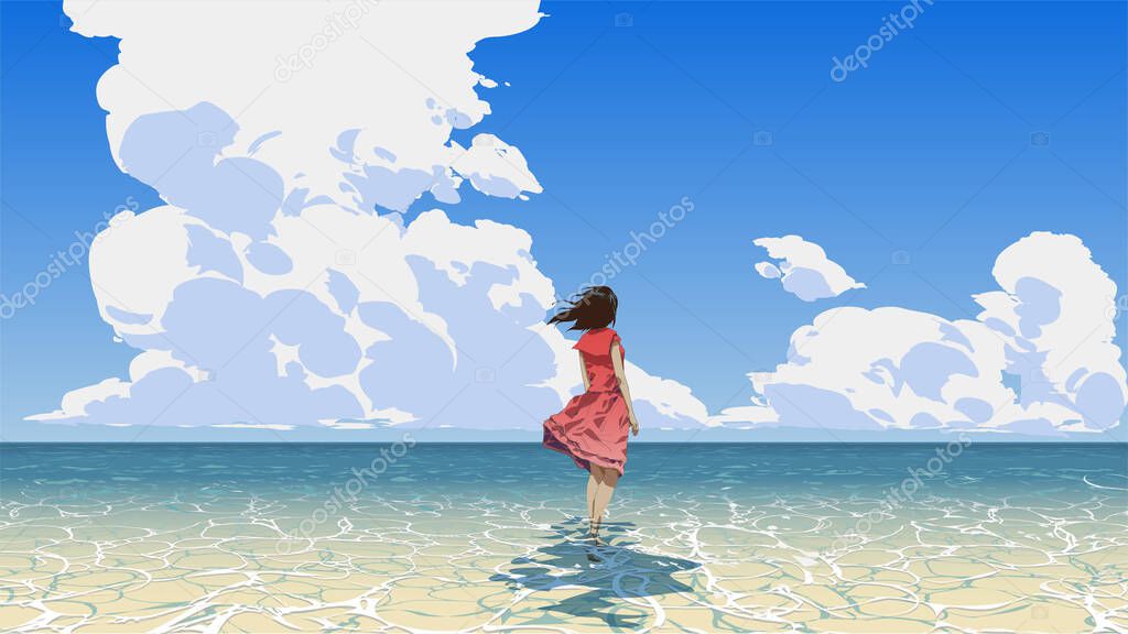 woman standing on the sea looking at the summer sky, vector illustration