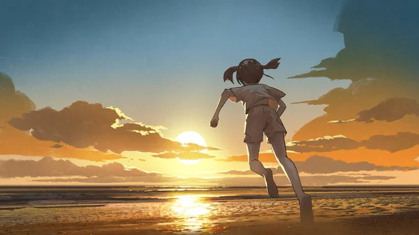 Mädchen Läuft Barfuß Zum Strand Bei Sonnenaufgang Digitale Kunst Illustrationsmalerei — Stockfoto