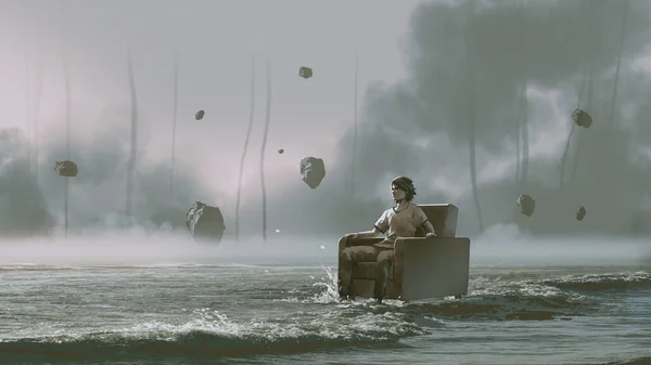 Homme Assis Sur Fauteuil Dans Mer Avec Des Rochers Flottant — Photo