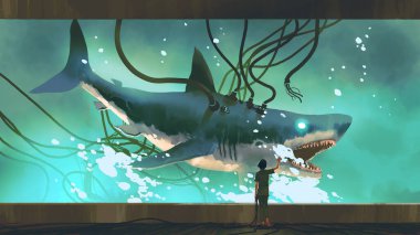 Kadın büyük bir akvaryumdaki deneysel köpekbalığına bakıyor, dijital sanat tarzı, resimli resim.