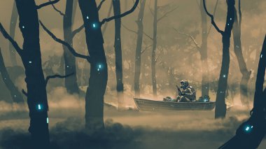 man in a protection suit rowing a boat in poison swamp, digital art style, illustration painting clipart