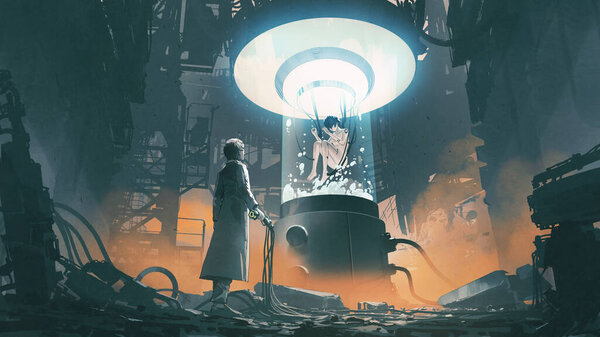 scientist holding a remote control and looking at a woman in a laboratory tank, digital art style, illustration painting