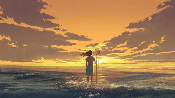 Kobieta Stojąca Morzu Biegunem Workiem Krwi Patrząc Zachód Słońca Niebo — Zdjęcie stockowe