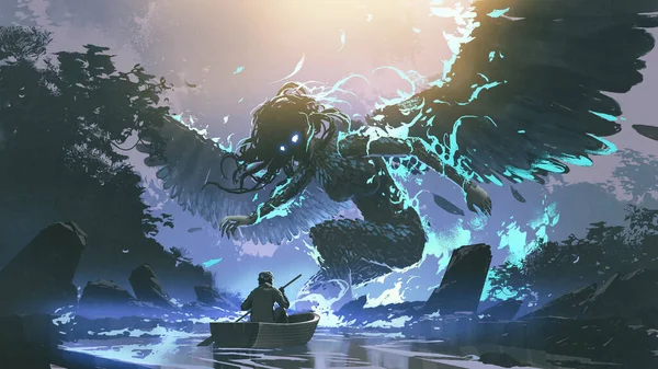 Man Boat Facing Legendary Angel Dark Forest Digital Art Style — Stock Photo, Image