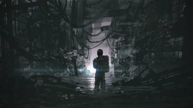 A man walking through a dark, waterlogged path in an abandoned building, digital art style, illustration painting