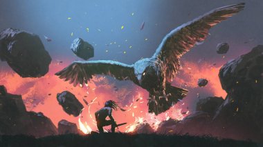 A man fighting with legendary eagle, digital art style, illustration painting