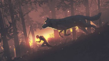 A man running in the forest with his legendary wolf, digital art style, illustration painting