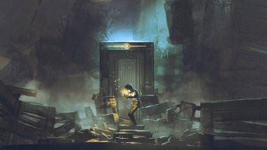 young boy lit the candle in front of the secret door, digital art style, illustration paintin