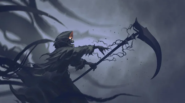 Смерть Відомо Grim Reaper Кидає Чорну Магію Косит Стиль Цифрового — стокове фото