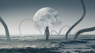 Astronot, yabancı denizde dikilip gökyüzündeki gezegene bakıyor. Dijital sanat tarzı, resimli resim.