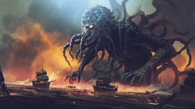 Karanlık fantezi sahnesi Cthulhu 'yu gösteriyor. Dev deniz canavarı gemileri yok ediyor, dijital sanat tarzı, resimli resim.