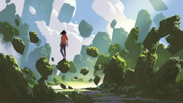 Фантастичний Пейзаж Показує Жінку Стоїть Скелі Плаває Повітрі Стиль Цифрового — стокове фото