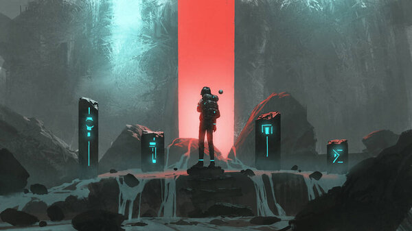 Man standing at the sacred stones and looking at the red light in front of him, digital art style, illustration painting