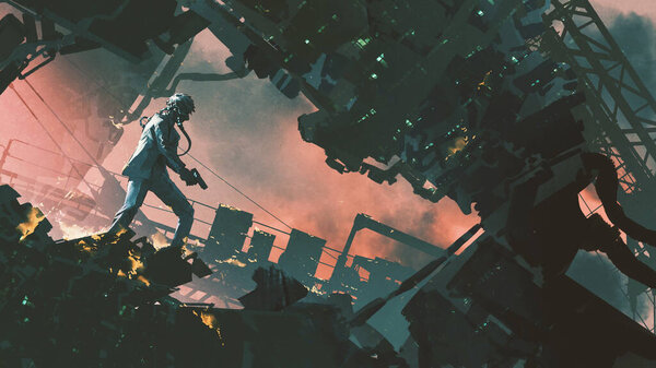 a futuristic man holding a gun in destroyed city, digital art style, illustration painting
