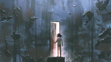 child standing in a dark place and opening a door lit from within, digital art style, illustration painting clipart
