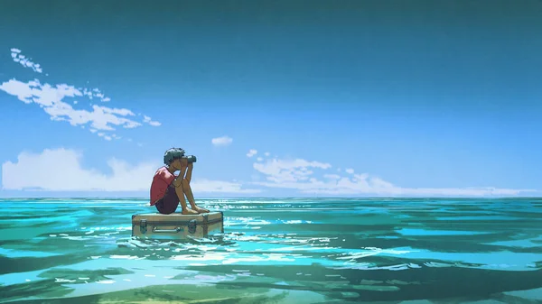 一个拿着双筒望远镜的男孩坐在漂浮在海面上的手提箱上 一副数字艺术风格的图画 — 图库照片