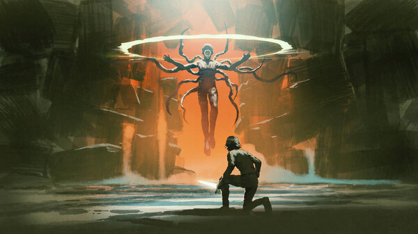 a man with the magic sword facing the human monster floating above the ground, digital art style, illustration painting