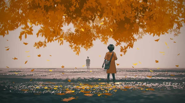 Junge Frau Die Unter Dem Herbstbaum Stand Sah Den Mann — Stockfoto