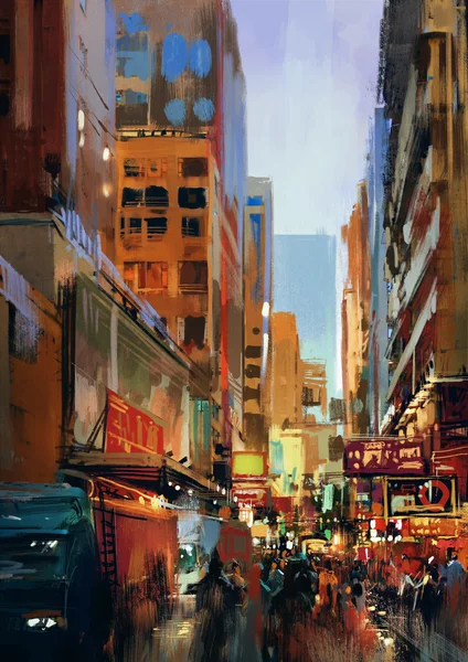 Colorful painting of city street — ストック写真