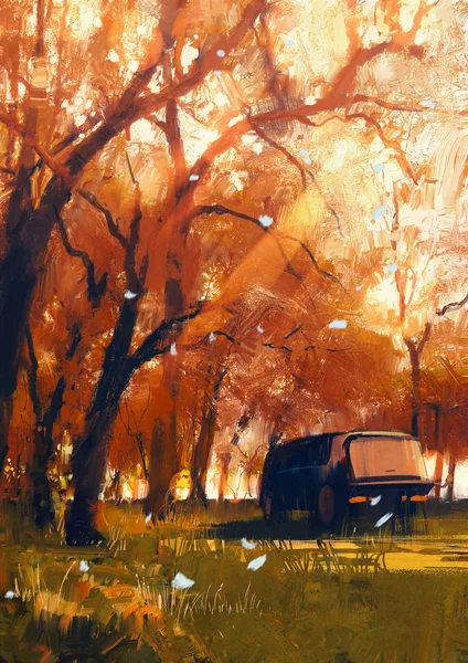 Vieja furgoneta viajera en hermoso bosque de otoño — Foto de Stock