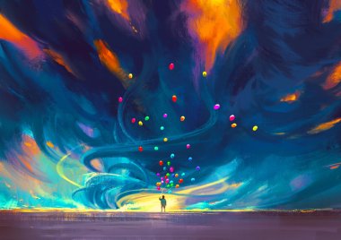 Child holding balloons standing in front of fantasy storm