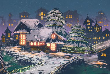 Noel gece sahne Noel ışıkları ile ahşap evlerin