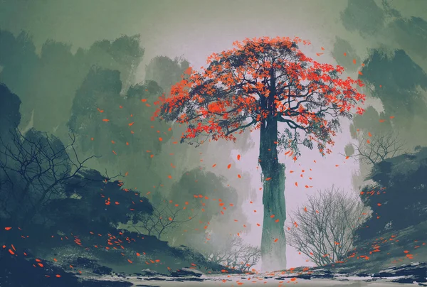 Samotny czerwony drzewo jesień z spadających liści w lesie zimą — Zdjęcie stockowe