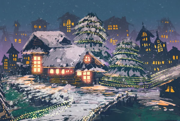 Scène de nuit de Noël de maisons en bois avec des lumières de Noël — Photo