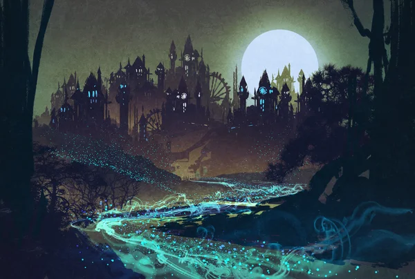 Indah lanskap dengan misterius sungai, bulan purnama di atas istana Stok Lukisan  