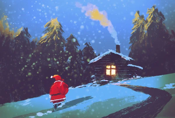 Paisaje de invierno con Santa Claus y casa de madera en la noche de Navidad — Foto de Stock