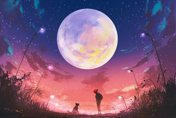 Young woman and dog at beautiful night with huge moon above — Stock Photo, Image