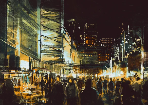 Cidade de rua comercial com vida noturna colorida — Fotografia de Stock