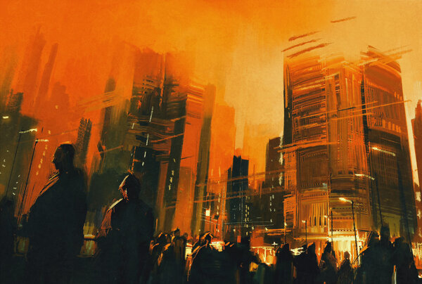 люди в городском парке ночью, иллюстрация
