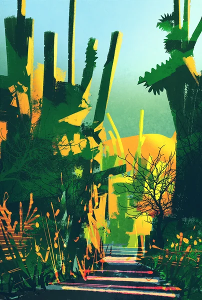 抽象的なカラフルな風景、ファンタジーの森 — ストック写真