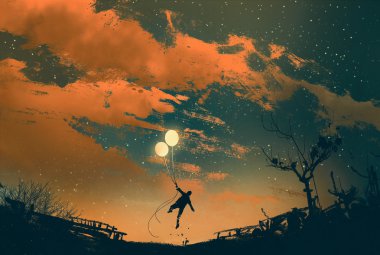 Balon ışıklarla günbatımında uçan adam