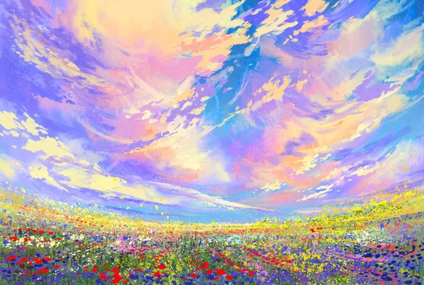 Fleurs colorées dans le champ sous de beaux nuages — Photo