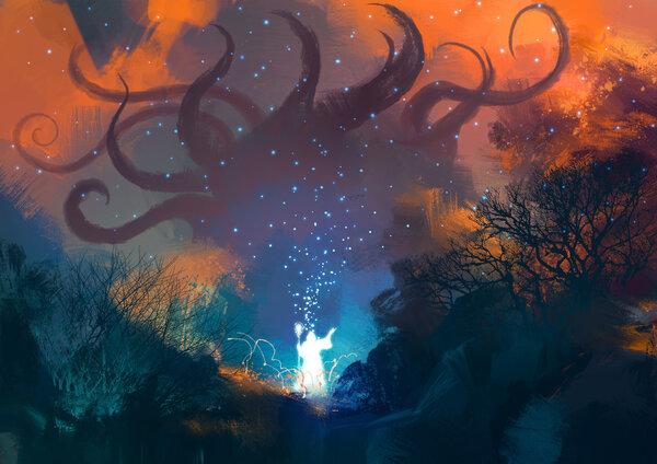 фокусник, вызывающий призрачного демона
