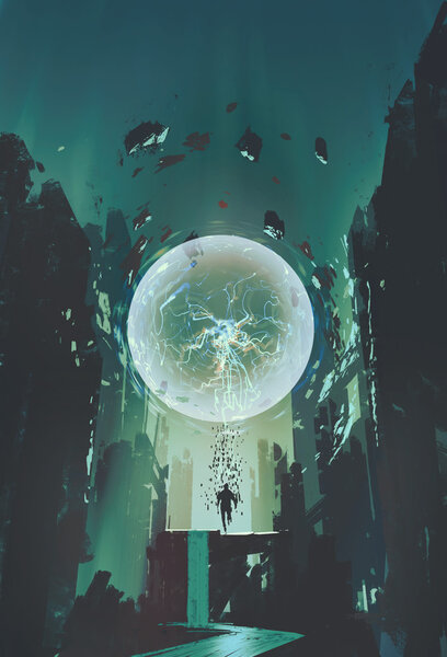 Lightning ball and geometry in the form of human with building background,illustration painting