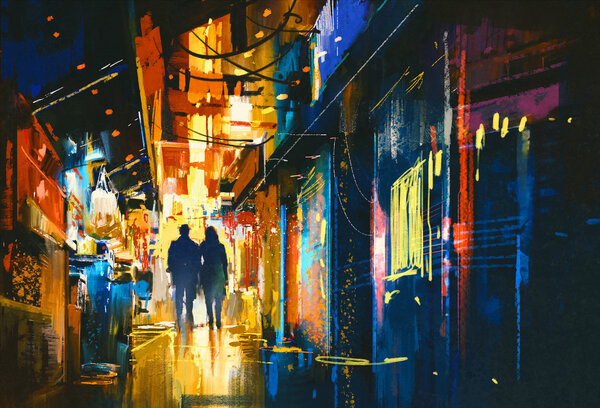 couple walking in alley with colorful lights